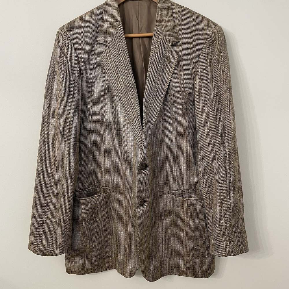 John Alexander Silk Sport Coat Blazer 42L Tan Herringbone Lined‎ Mens Jacket